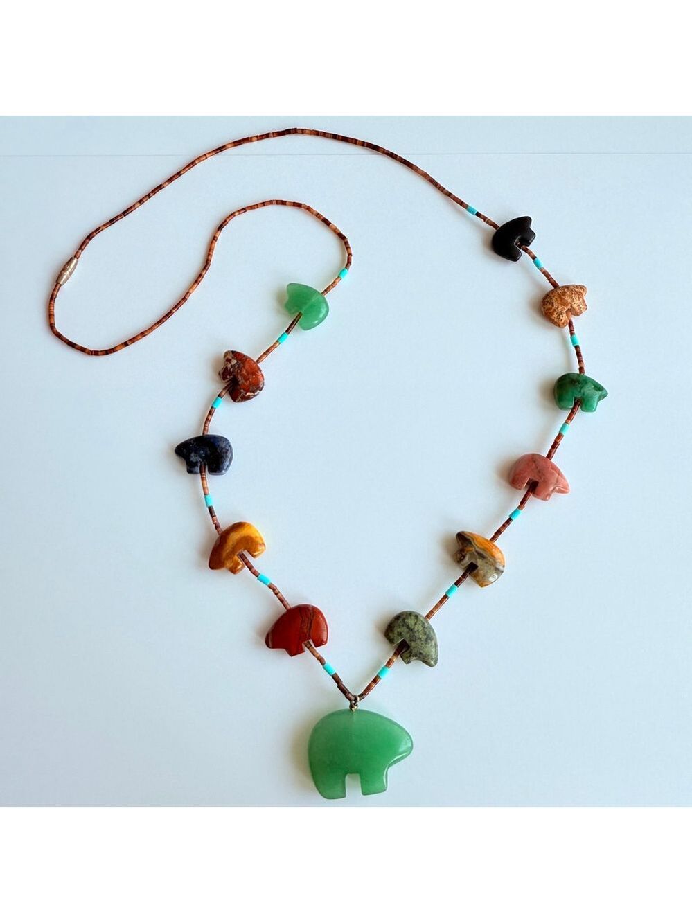 Native American Zuni Fetish Bear Heishi Turquoise Multi Stone Bead VTG Necklace
